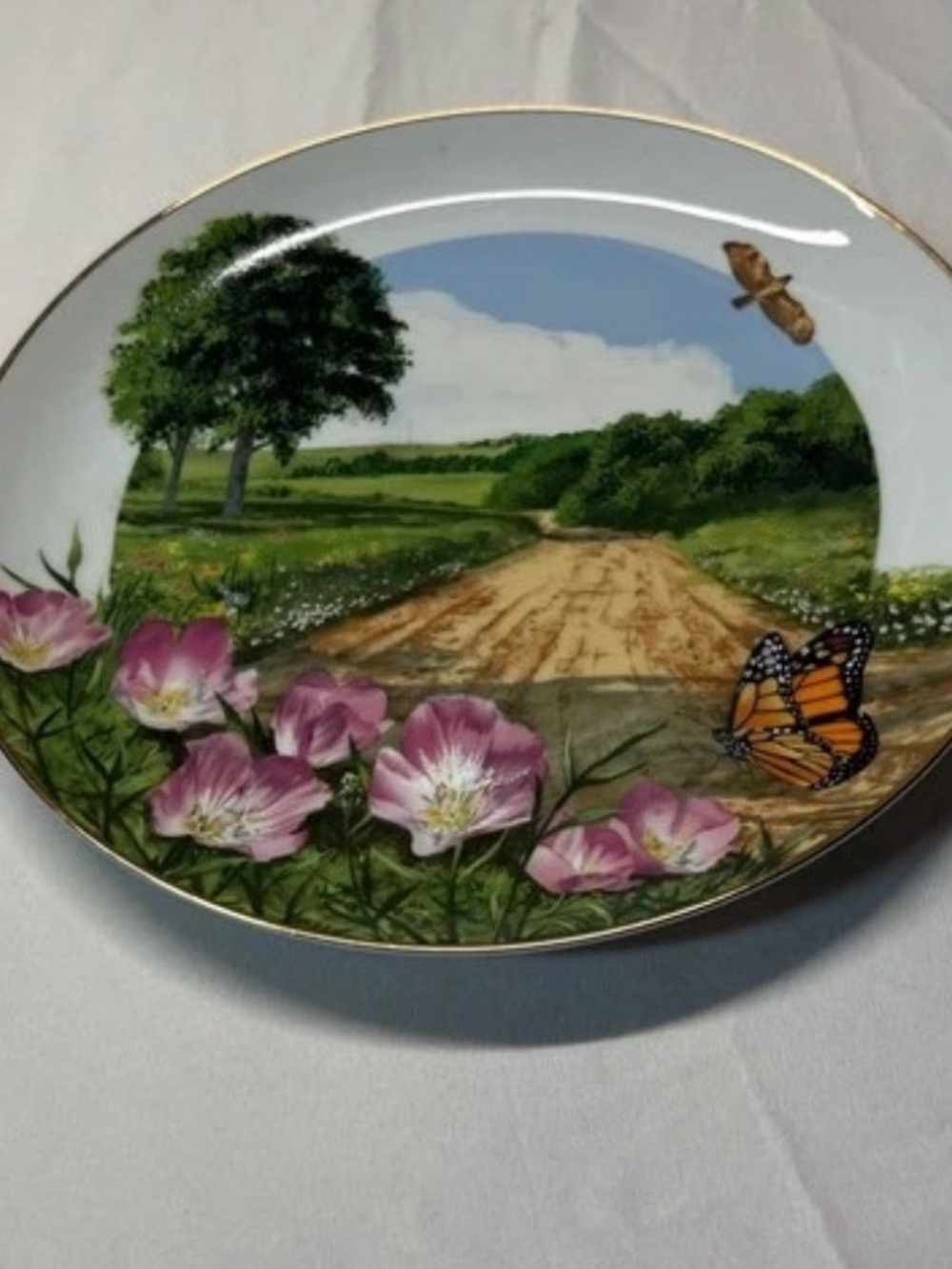 Windsor Scenic Meadow Plate with Pink Flowers and Orange Butterfly